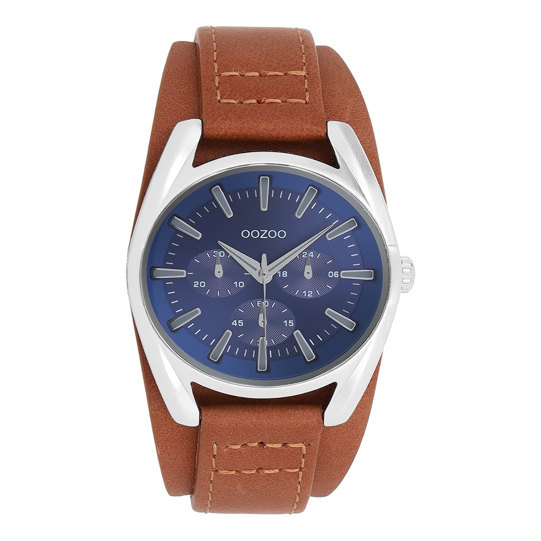 Silver coloured OOZOO watch with brown leather strap